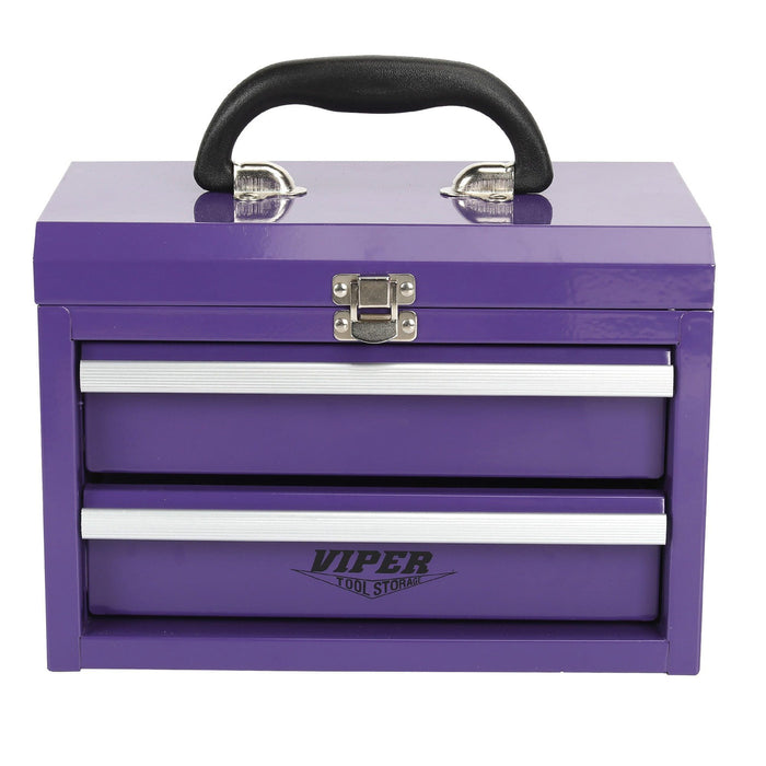 Viper Tool Storage 11-inch 2-drawer portable mini metal toolbox in purple with top handle