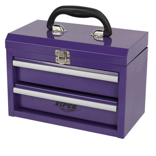 Angled front view of 11-inch 2-drawer portable mini metal toolbox in purple