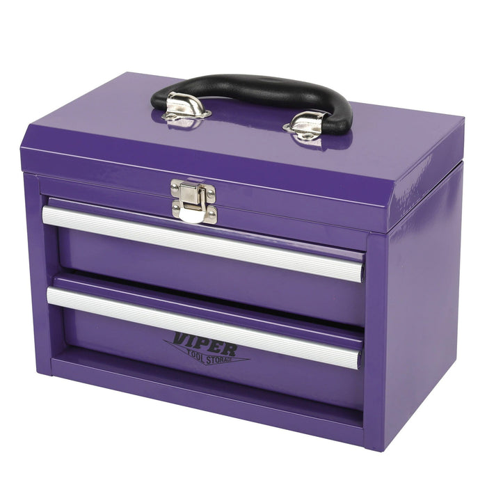 Angled side view of 11-inch 2-drawer portable mini metal toolbox in purple