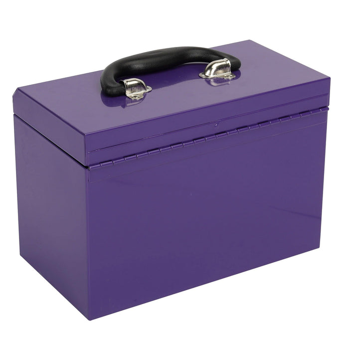 Angled rear view of 11-inch 2-drawer portable mini metal toolbox in purple