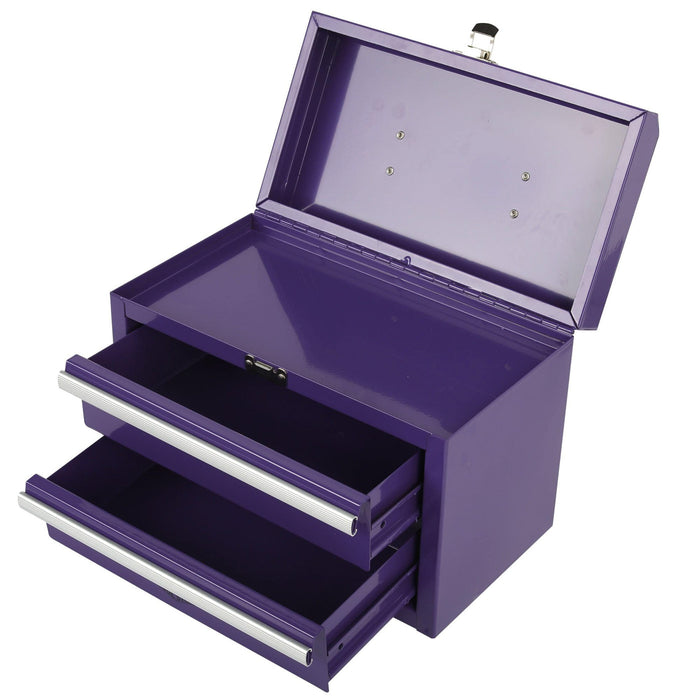 Open view of purple 11-inch 2-drawer portable mini metal toolbox showing interior storage