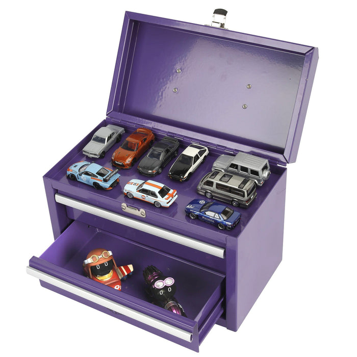 Open 11-inch 2-drawer portable mini metal toolbox used to store die-cast cars and small collectibles