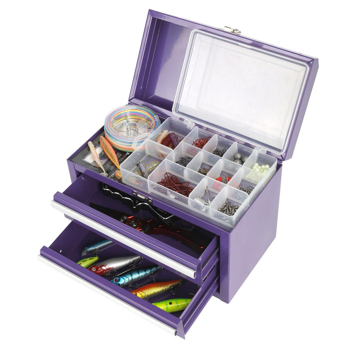 Open 11-inch 2-drawer portable mini metal toolbox with organizer tray holding small parts and fishing lures