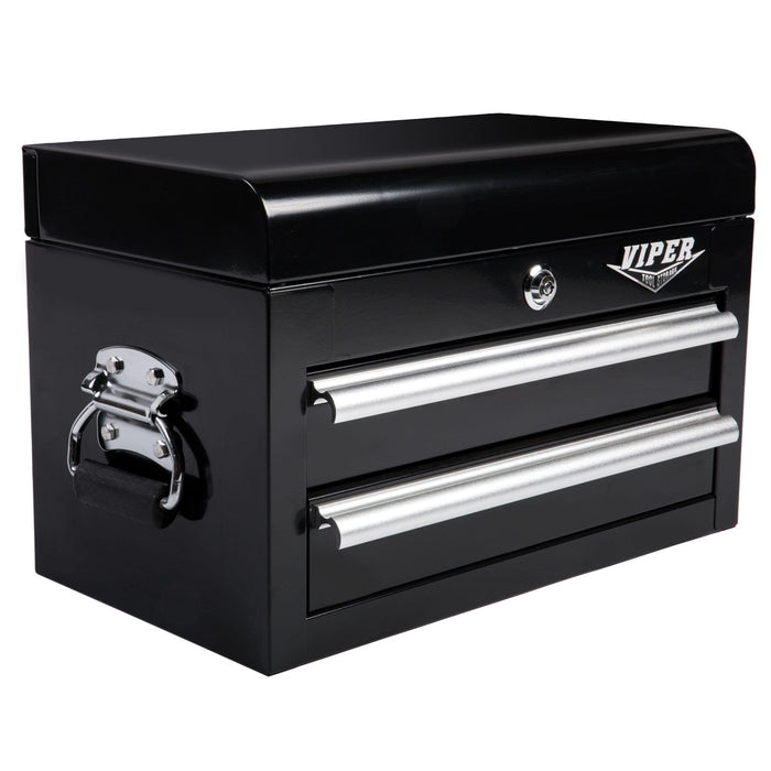 Angled view of 18-inch 2-drawer mini steel tool chest in black showing front lock and side bail handle