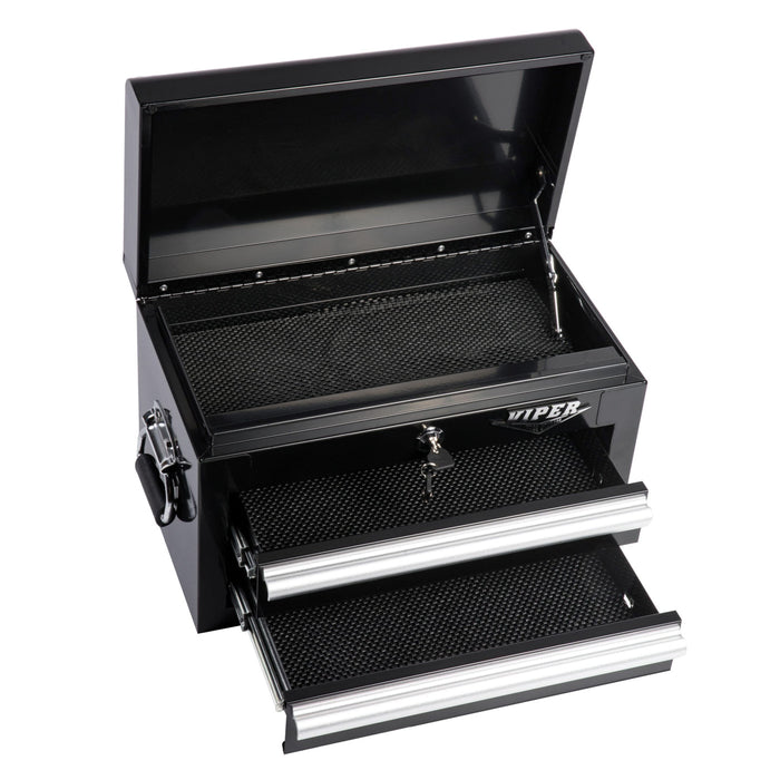Open view of 18-inch 2-drawer mini steel tool chest with lid and drawers open showing interior storage
