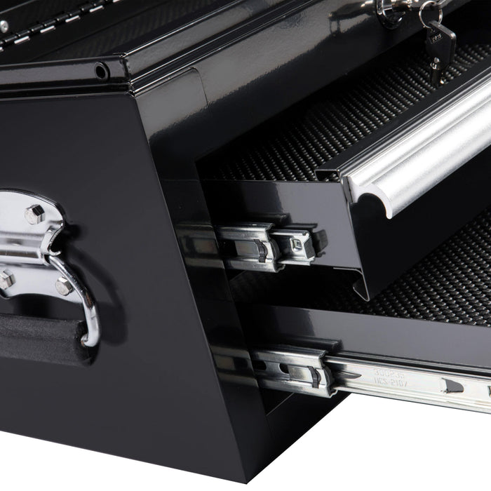 Close-up of drawer slides and c-channel drawer pull on 18-inch 2-drawer mini steel tool chest