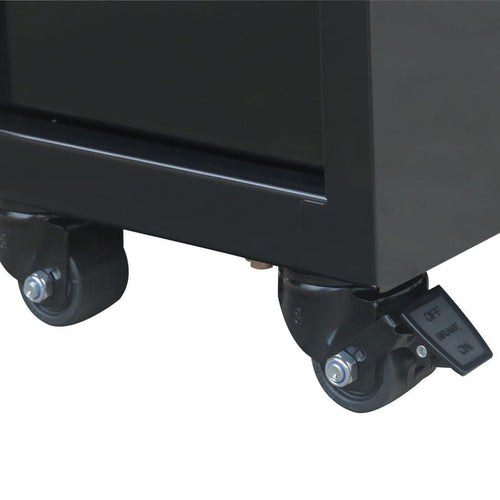 Close up of black Viper Tool Storage salon cart showing 2.5-inch swivel casters