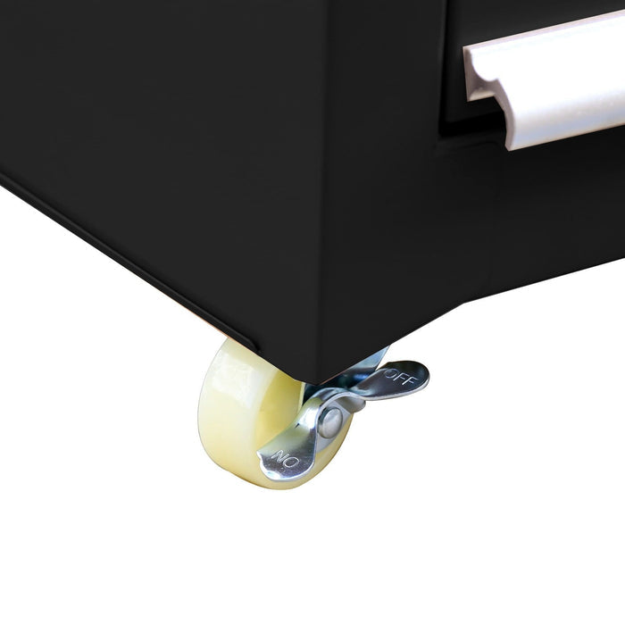 Close-up of black Viper Tool Storage salon cart showing 2-inch locking swivel caster