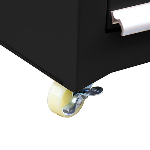 Close-up of black Viper Tool Storage salon cart showing 2-inch locking swivel caster