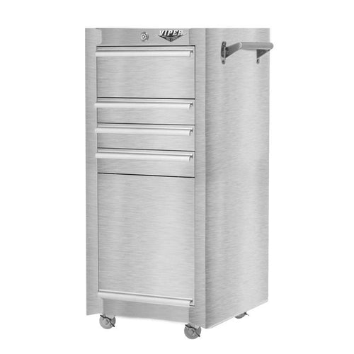 Angled view of stainless steel 16-inch 4-drawer rolling salon cart with bulk storage and side handle