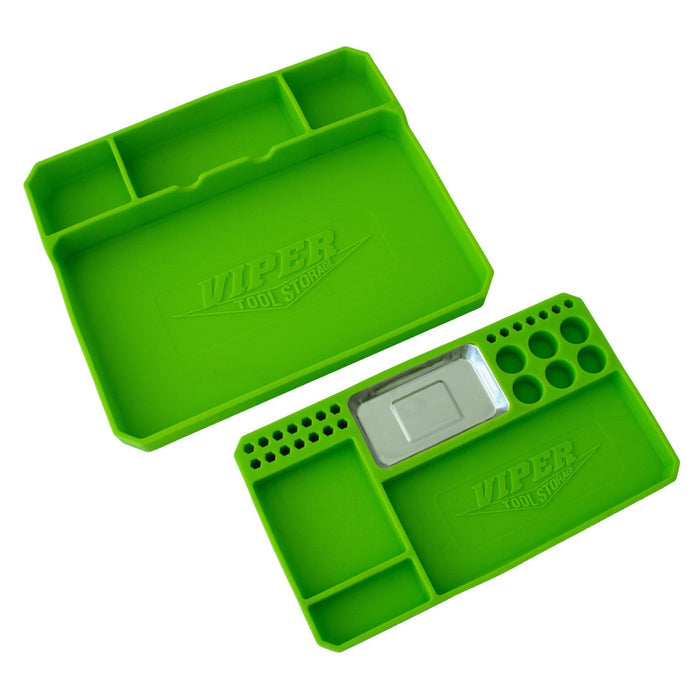 2-piece lime green flexible silicone tool and parts tray set with compartments and integrated magnet by Viper Tool Storage
