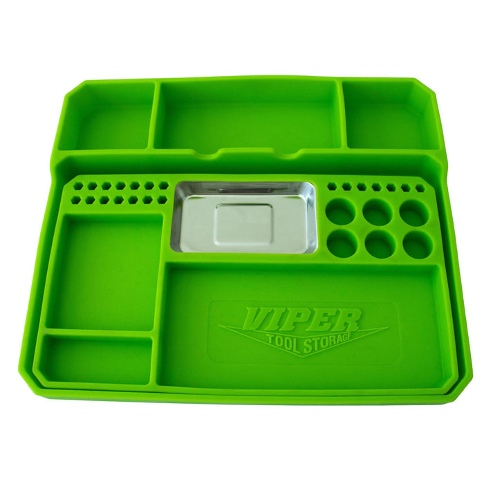 Two nested lime green flexible silicone tool and parts trays with multiple compartments and integrated magnet