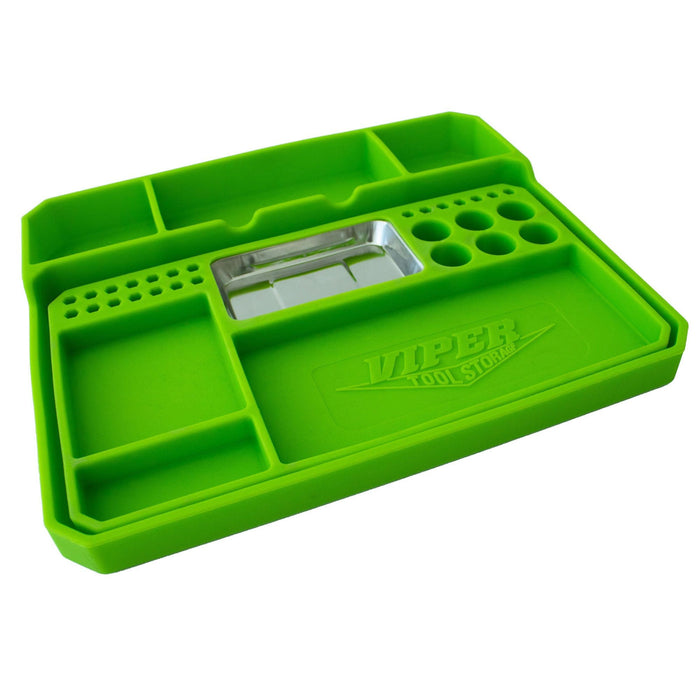 Angled view of two nested lime green flexible silicone tool and parts trays with multiple compartments and integrated magnet