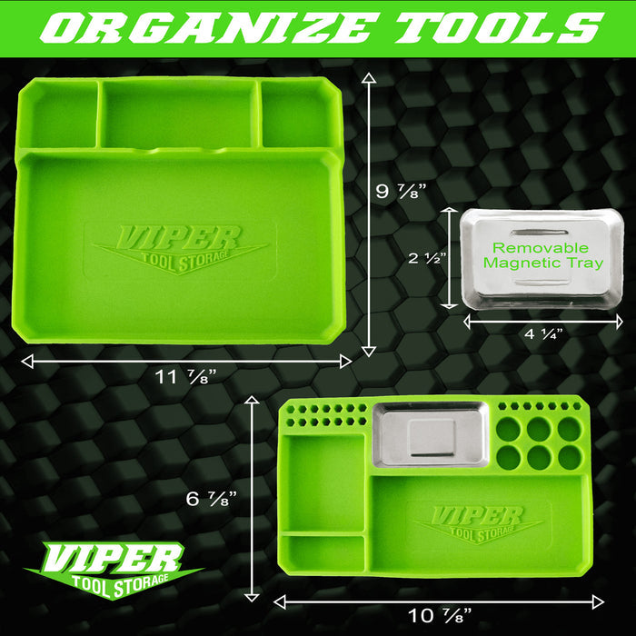 Dimension diagram showing two lime green flexible silicone tool trays and a removable magnetic tray with labeled measurements