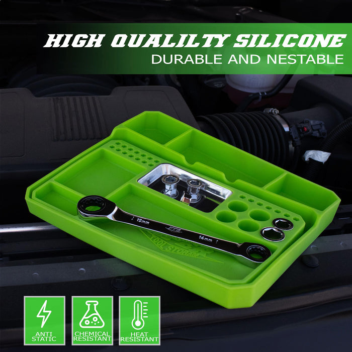 Angled view of lime green flexible silicone tool tray holding hand tools, showing nestable design and multiple compartments