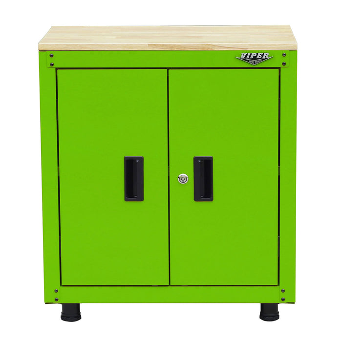 Viper Tool Storage lime green 28-inch 2-door steel base cabinet with butcher block top and adjustable feet