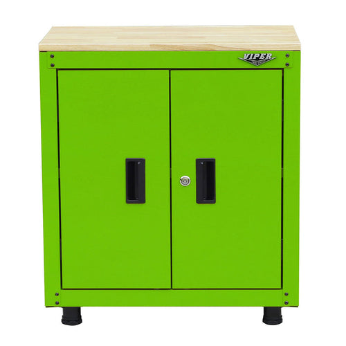 Viper Tool Storage lime green 28-inch 2-door steel base cabinet with butcher block top and adjustable feet
