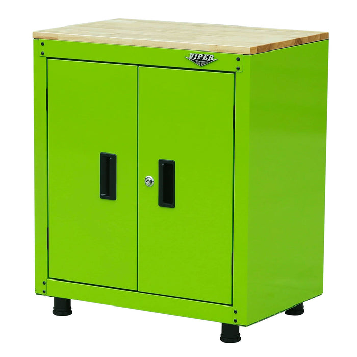Angled view of lime green 28-inch 2-door steel base cabinet with butcher block top and visible cam lock