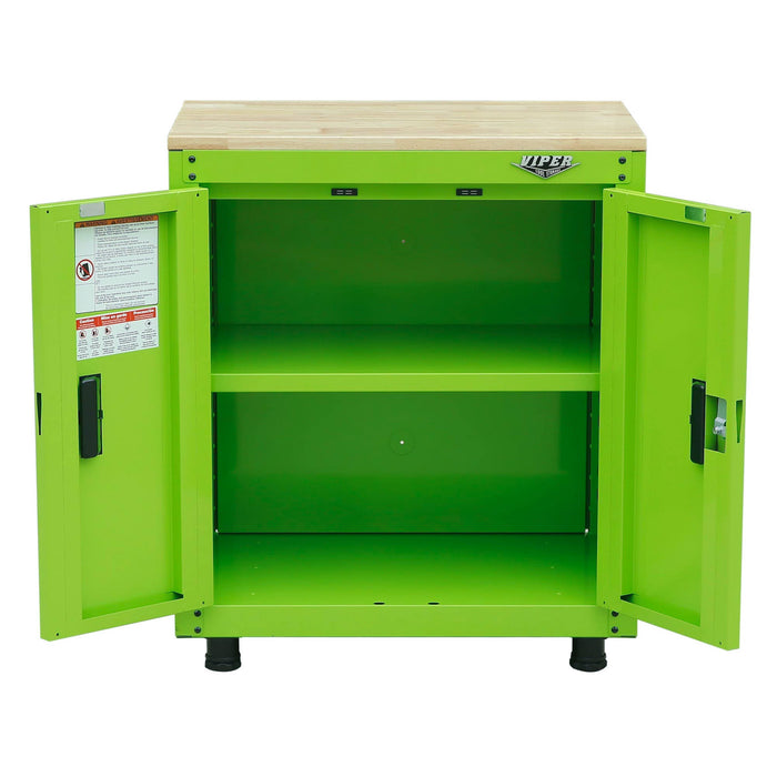 Open-door view of 28-inch lime green 2-door steel base cabinet with butcher block top, shelf, and magnetic door catches
