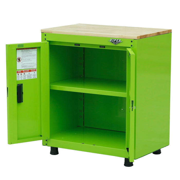 Angled open-door view of 28-inch lime green 2-door steel base cabinet with butcher block top, shelf, and magnetic door catches