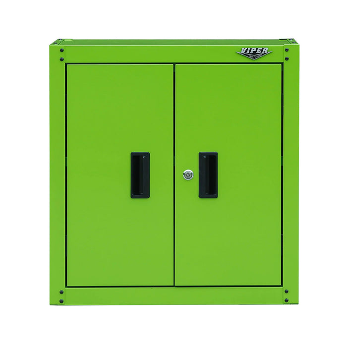 Viper Tool Storage 28-inch lime green 2-door steel wall cabinet with recessed door handles and center cam lock