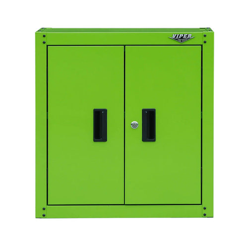 Viper Tool Storage 28-inch lime green 2-door steel wall cabinet with recessed door handles and center cam lock