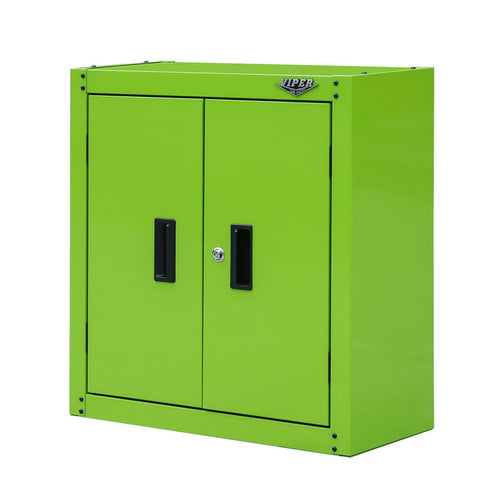 Angled view of 28-inch lime green 2-door steel wall cabinet with recessed door handles and center cam lock