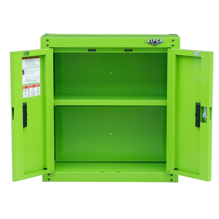 Open-door view of Viper Tool Storage 28-inch lime green wall cabinet with adjustable interior shelf and magnetic door catches