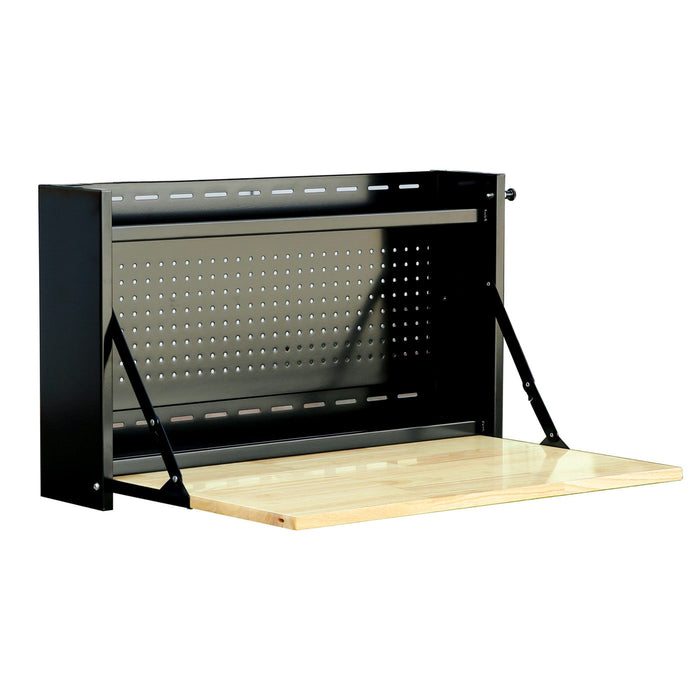 Angled view of black 32-inch folding wall-mounted steel worktable with butcher block work surface