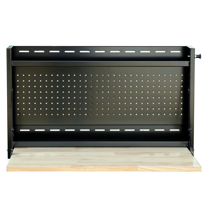 Open view of Viper Tool Storage black 32-inch folding wall-mounted steel worktable with pegboard and butcher block work surface