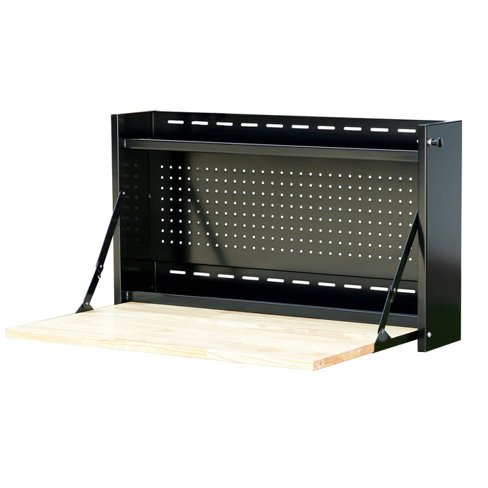 Angled view of black 32-inch folding wall-mounted steel worktable with butcher block work surface
