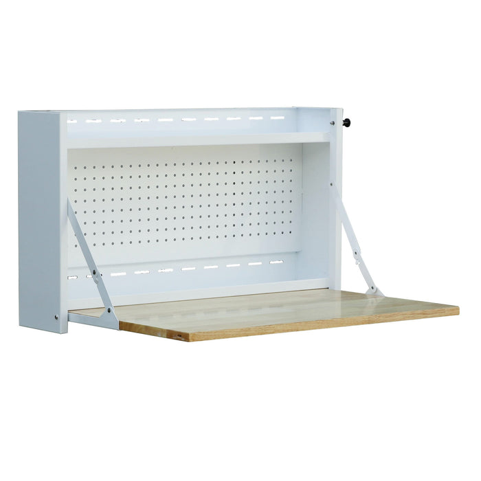 Angled view of white 32-inch folding wall-mounted steel worktable with butcher block work surface