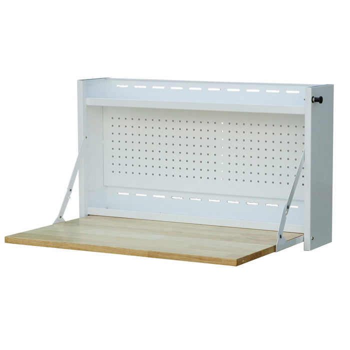 Angled view of white 32-inch folding wall-mounted steel worktable with butcher block work surface