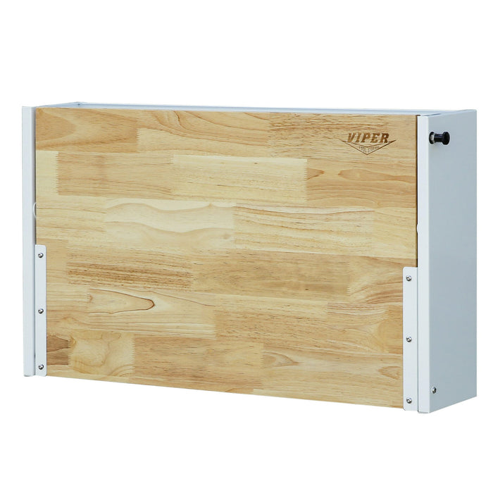 Folded view of white 32-inch folding wall-mounted steel worktable with butcher block surface