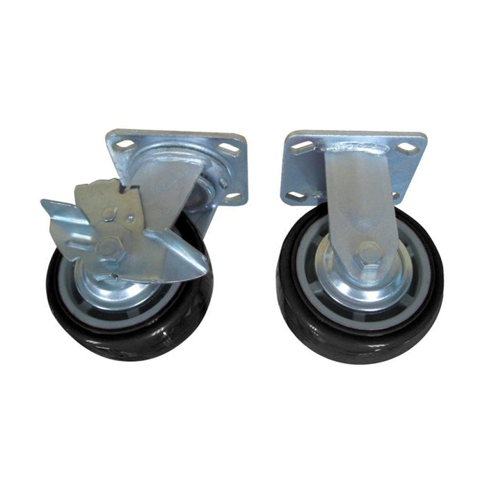 One black Viper Tool Storage 5-inch locking swivel caster next to one black Viper Tool Storage 5-inch rigid caster