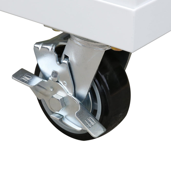 Close-up of white Viper Tool Storage rolling cabinet showing 5-inch locking swivel caster
