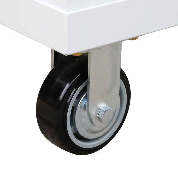 Close-up of white Viper Tool Storage rolling cabinet showing 5-inch rigid caster