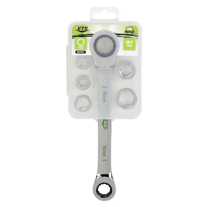Front view of Viper Tool Storage 7-in-1 metric ratcheting wrench set in retail packaging