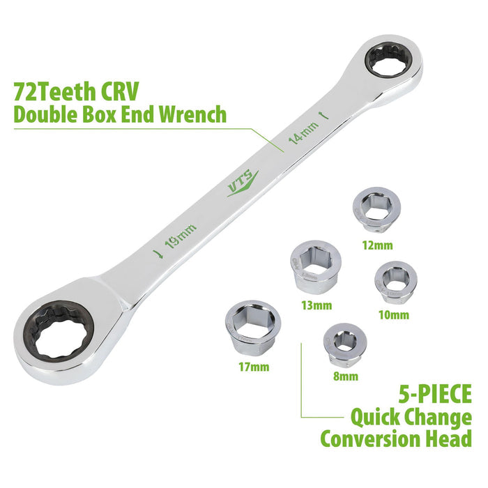 7-in-1 metric ratcheting wrench with labeled 72-tooth box ends and 5 quick-change conversion heads