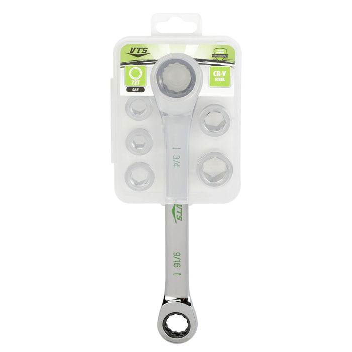 Front view of Viper Tool Storage 7-in-1 SAE ratcheting wrench set in retail packaging