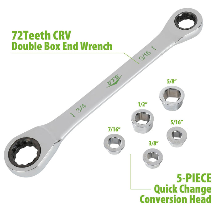 7-in-1 SAE ratcheting wrench with labeled 72-tooth box ends and 5 quick-change conversion heads