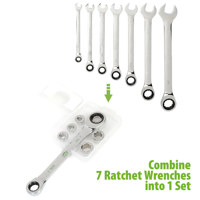 Comparison showing 7 individual SAE ratcheting wrenches represented above a compact 7-in-1 ratcheting wrench set, illustrating that the sizes are combined into a single tool
