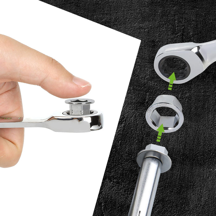 Close-up of quick-change conversion head snapping into ratcheting wrench