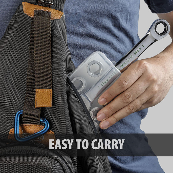 Ratcheting wrench set in a compact case being carried in a backpack pocket
