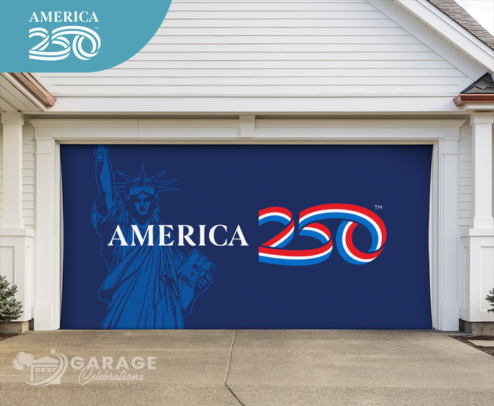 Garage door with 'America 250' design featuring the Statue of Liberty, displayed on a house.