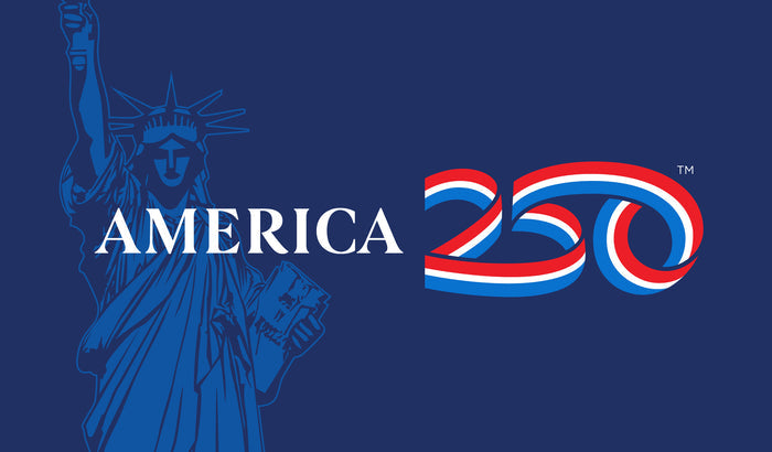 Statue of Liberty silhouette with 'AMERICA' text and a stylized '250' logo on a blue background