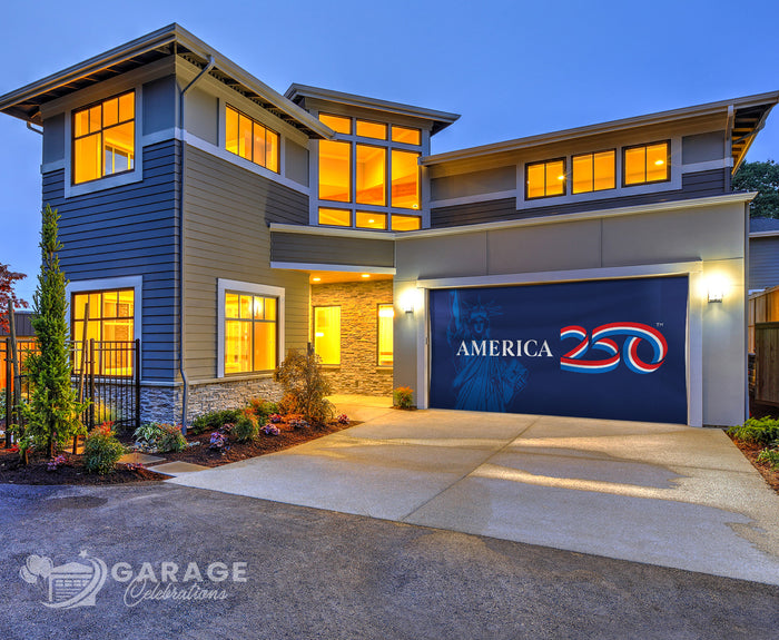 Modern house with a garage door cover featuring 'America 250' branding.