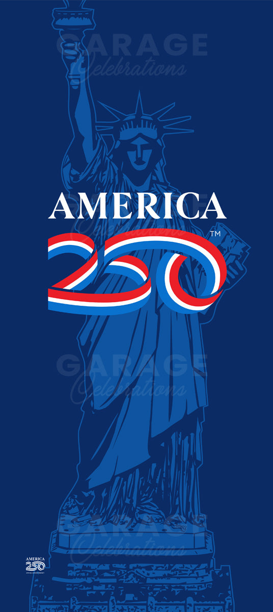 Design of the Statue of Liberty with 'America 250' text on a blue background