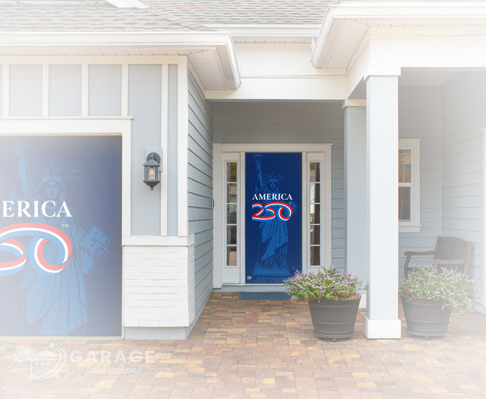 Front door of a house with 'America 250' banner, potted plants, and 'Garage' sign.