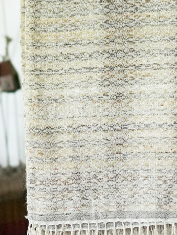Almora Pattern Tussar Silk & Merino Wool Shawl | White and Grey